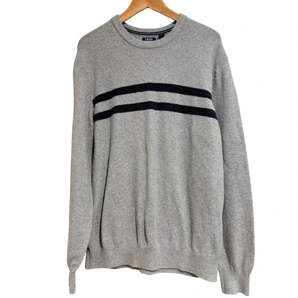 IZOD Preppy Collegiate Sweater Gray Navy Blue Chest Stripes Cotton Blend Large